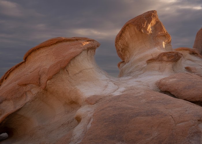 Weathered rocks in a desert landscape, showing signs of erosion and disintegration.