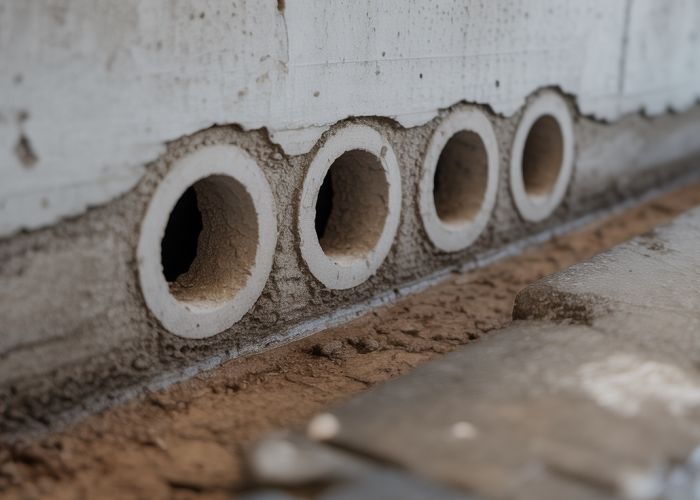 Close-up of weep holes in a concrete foundation, showing their role in water drainage.