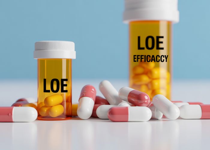 Graph showing declining drug effectiveness over time, illustrating loss of efficacy (LOE).