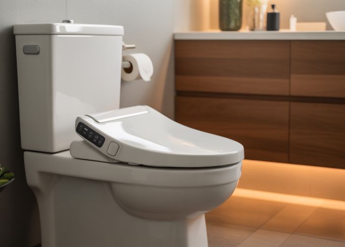 Close-up of a Toto Washlet control panel in a modern bathroom.