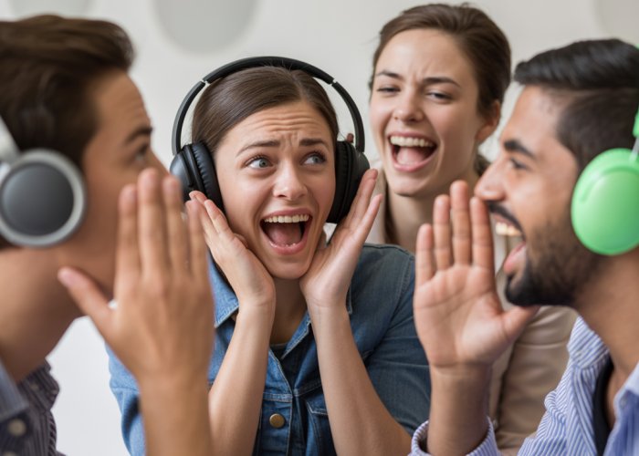 Friends playing the whisper challenge, one with headphones looks confused while the other is trying to say something funny.