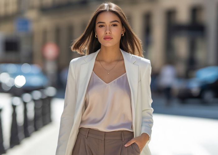Woman wearing white blazer on city street, showing stylish outfit.