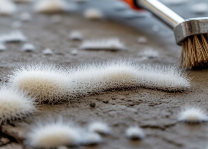 White mold growth on damp concrete, a common issue in basements and garages.