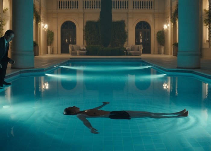 Image of a pool at night with a body floating in the water, representing the mystery surrounding Gatsby's death.
