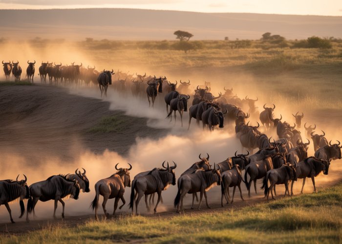 Wildebeest migration at sunset on the Serengeti plains.