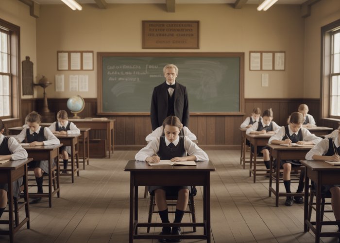 Vintage photo of a one-room schoolhouse illustrating William Bagley's essentialist philosophy, emphasizing discipline and core subjects.