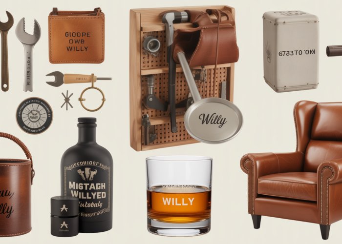 Collage of gift ideas for a man named Willy, including tools, outdoor equipment, and a personalized whiskey glass.