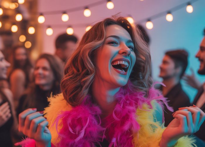Woman joyfully dancing at a party, wearing a bright feather boa and laughing.