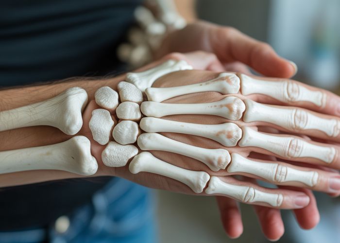 Anatomical view of the right wrist bones: scaphoid, lunate, triquetrum, and pisiform.