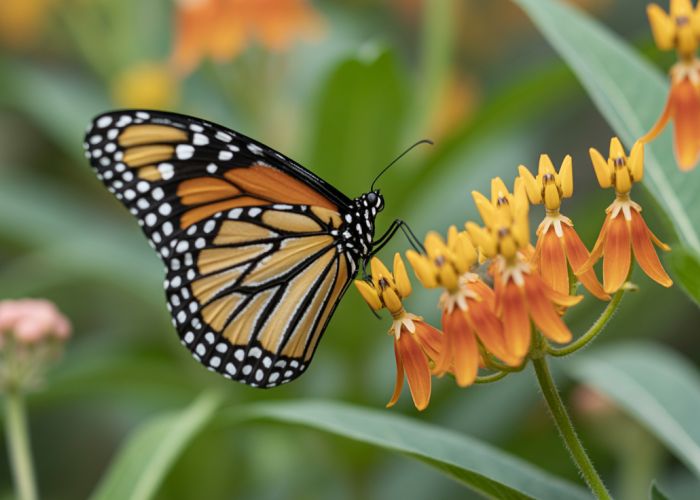 Yellow butterfly resembling a monarch on an orange milkweed flower.