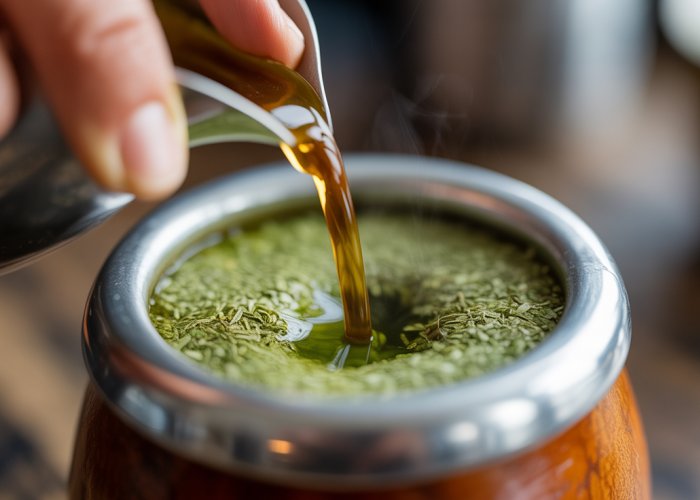 Steaming Yerba Mate infusion, highlighting its natural caffeine content.