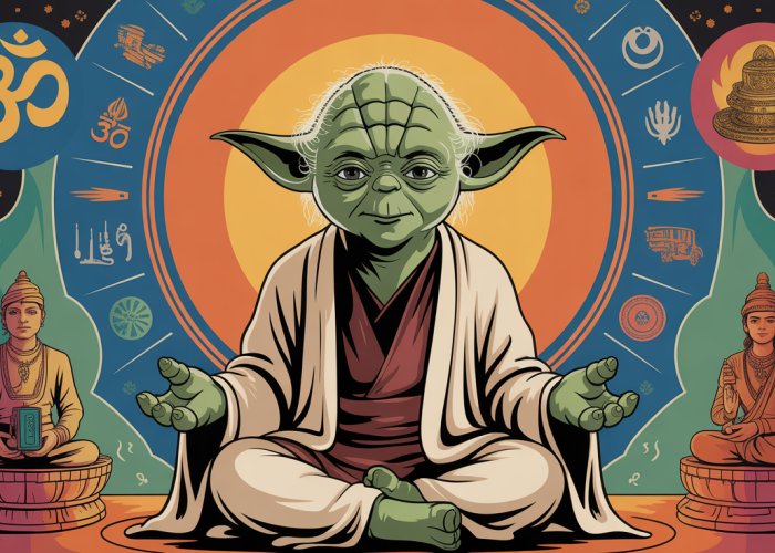 Yoda in lotus position meditating, infused with Hindu symbolism. Star Wars Hinduism crossover art.