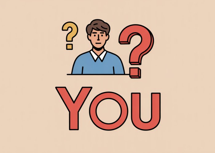 A stylized 'YOU' with grammatical symbols like commas and parentheses surrounding it, representing the word's role in a sentence.